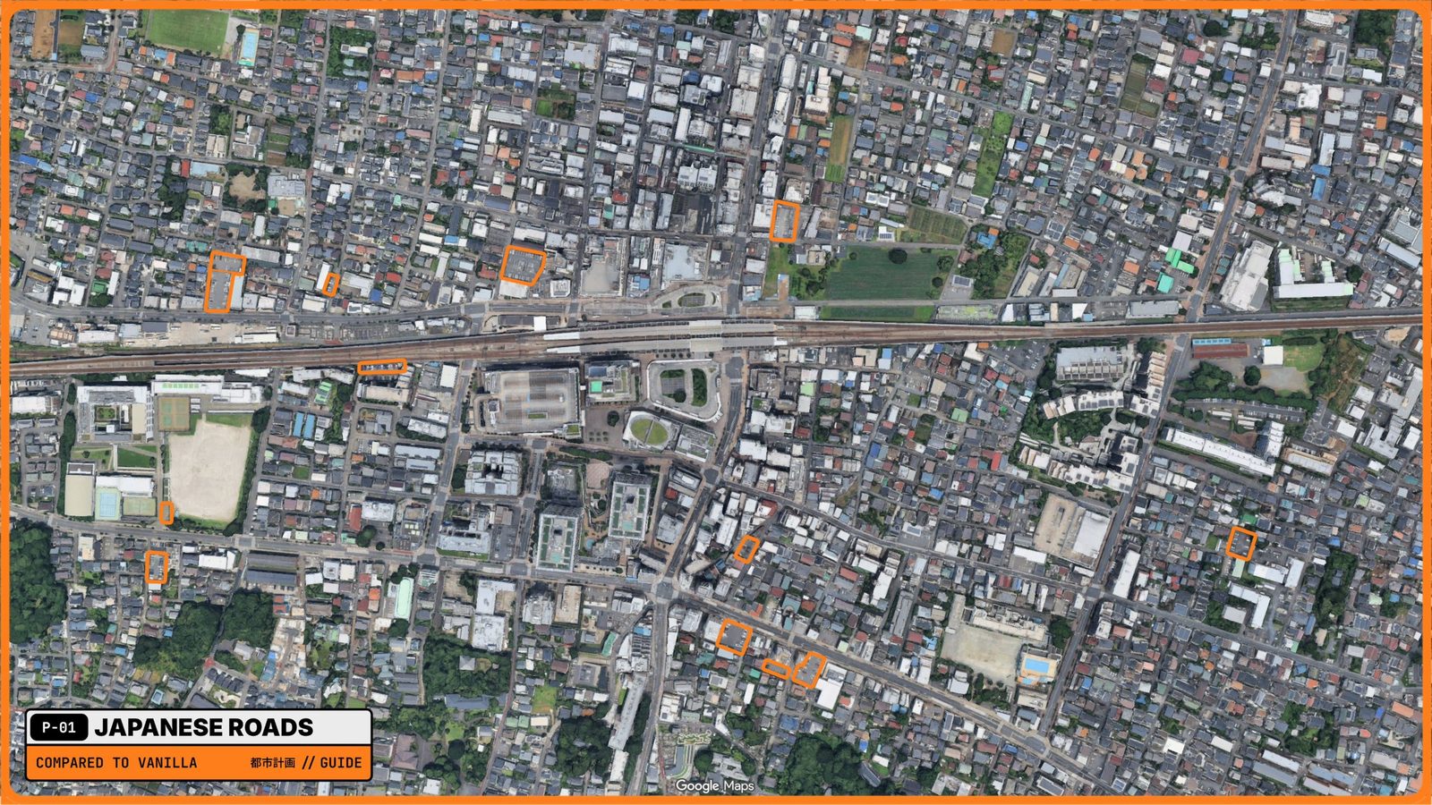 Aerial view of the area around Higashi-Funabashi Station in Chiba with small public parking lots marked in orange between dense low-rise houses