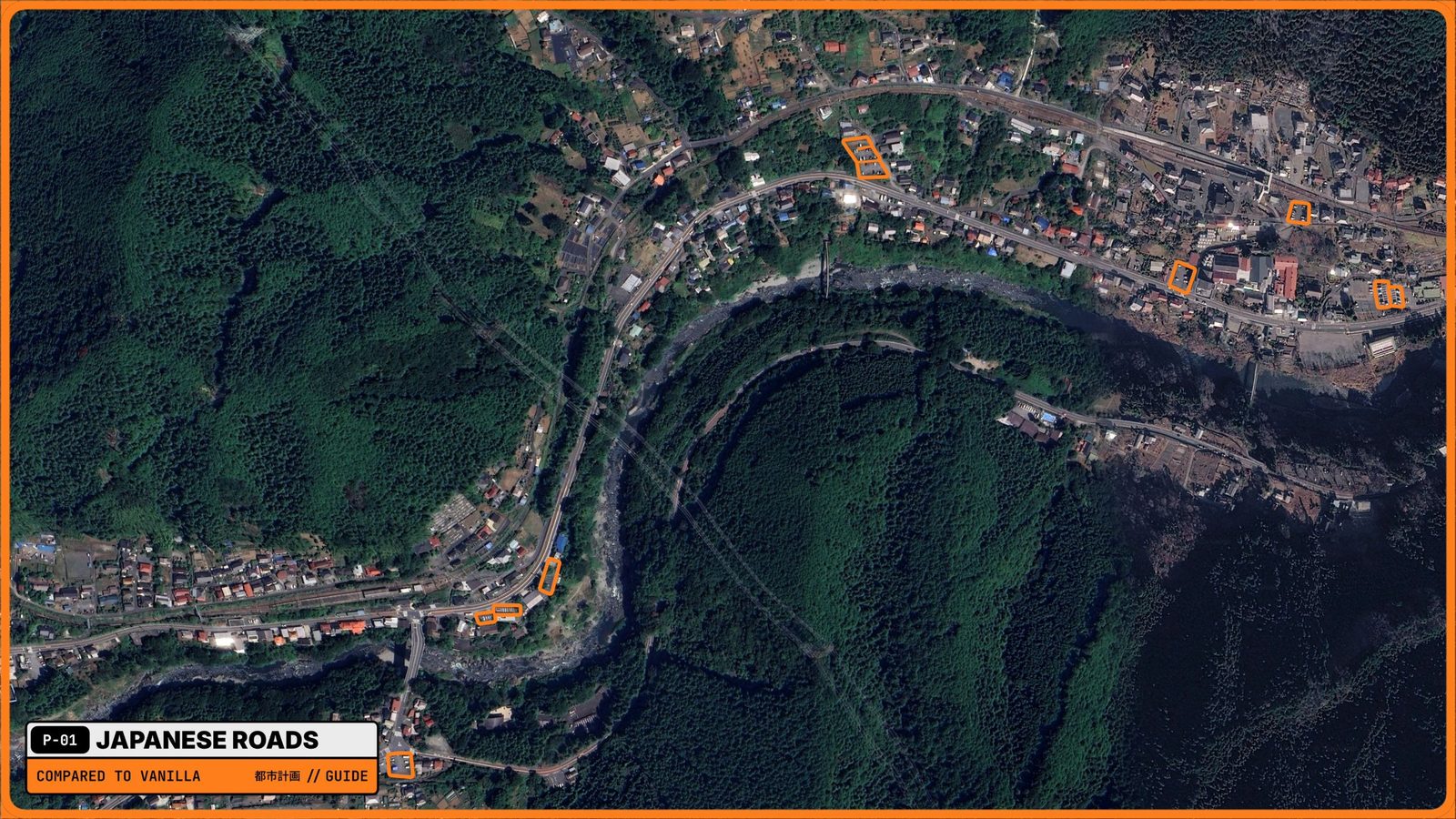 Aerial view of Shiobara Onsen, a hot-spring town in a forested river valley, with small parking lots marked in orange along the main road