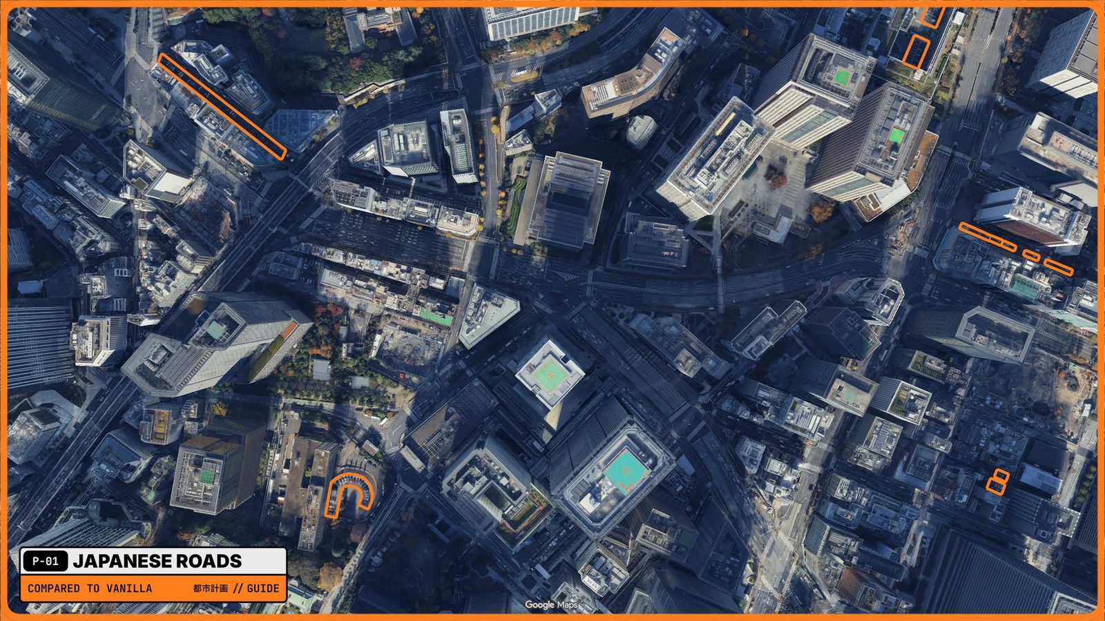 Aerial view of central Tokyo with parking spaces marked in orange: a few street-side bays on the right, every other space on private land