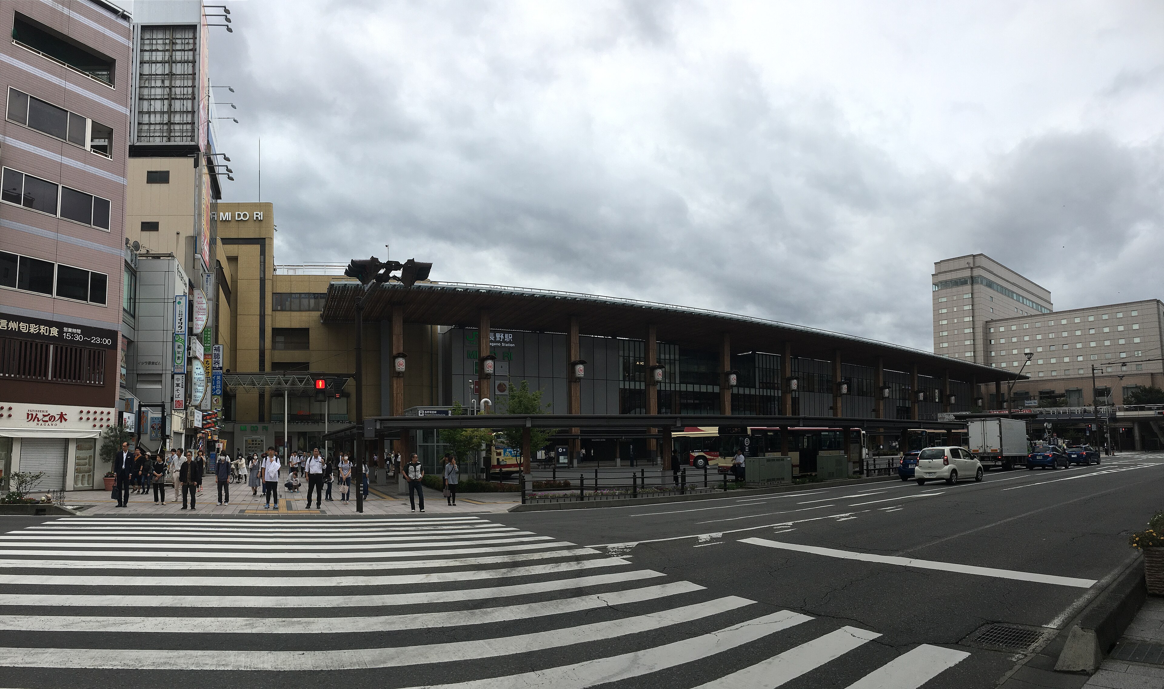 The Zenkoji exit plaza of Nagano Station with its timber canopy and bus loop