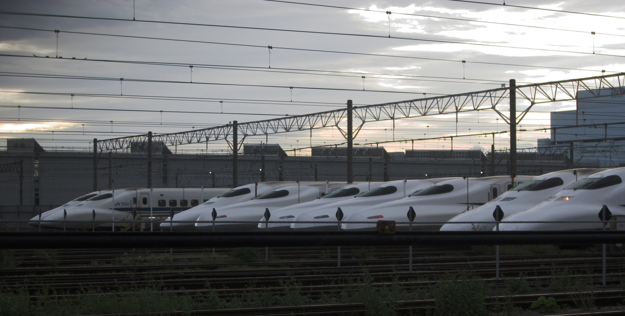 Rows of Shinkansen trains parked at the Oi rail yard in Tokyo