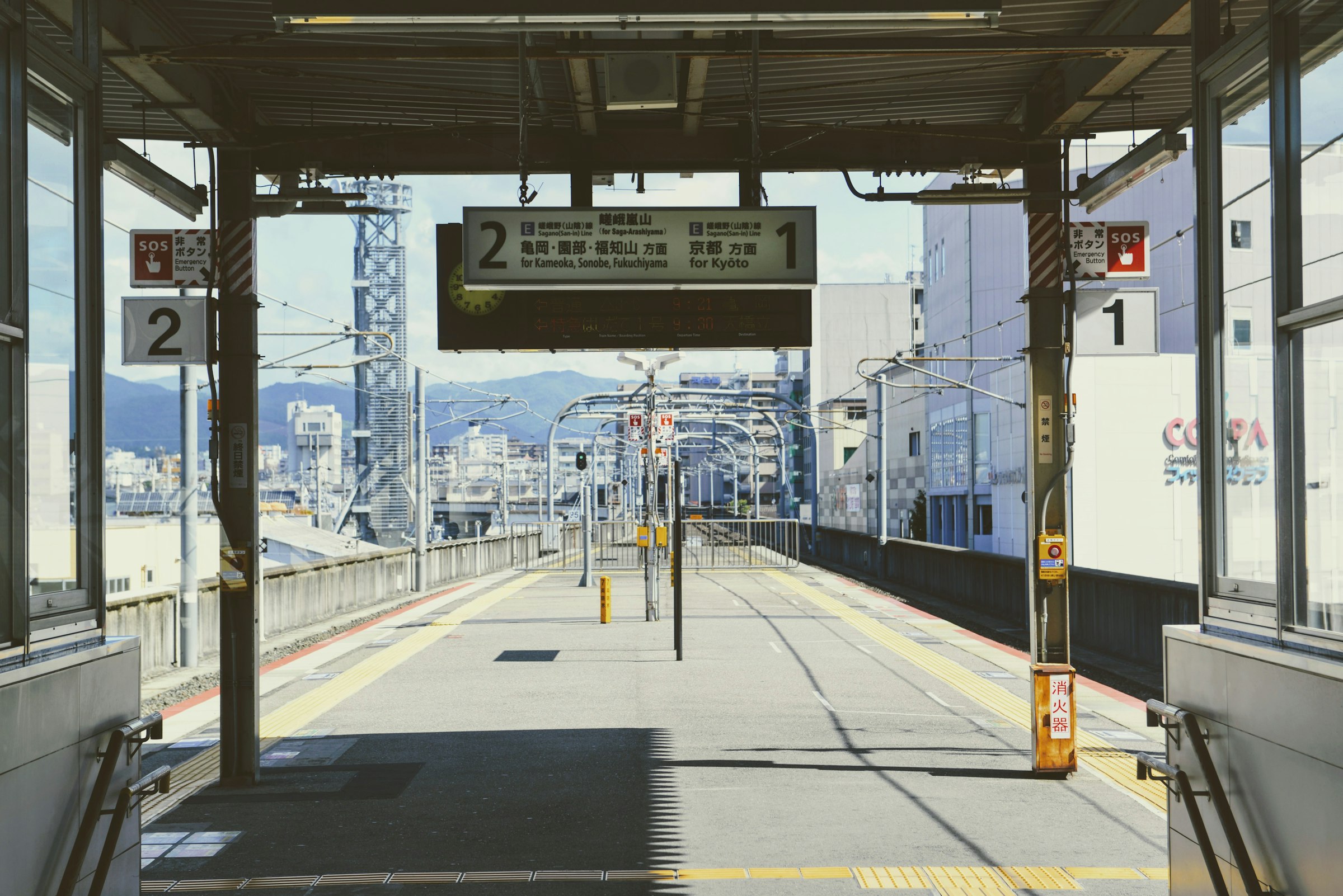 An empty Japanese railway platform in Kyoto